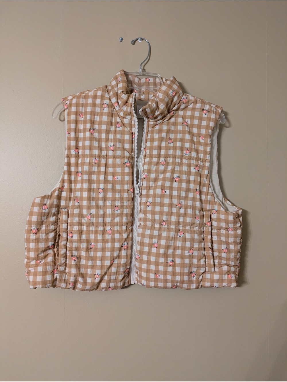 love, Fire Beige Gingham Jacket with Pink Floral Trim